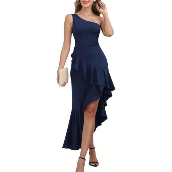 Women's One Shoulder Dress Sleeveless Midi Dress navy blue - Picture 1 of 6